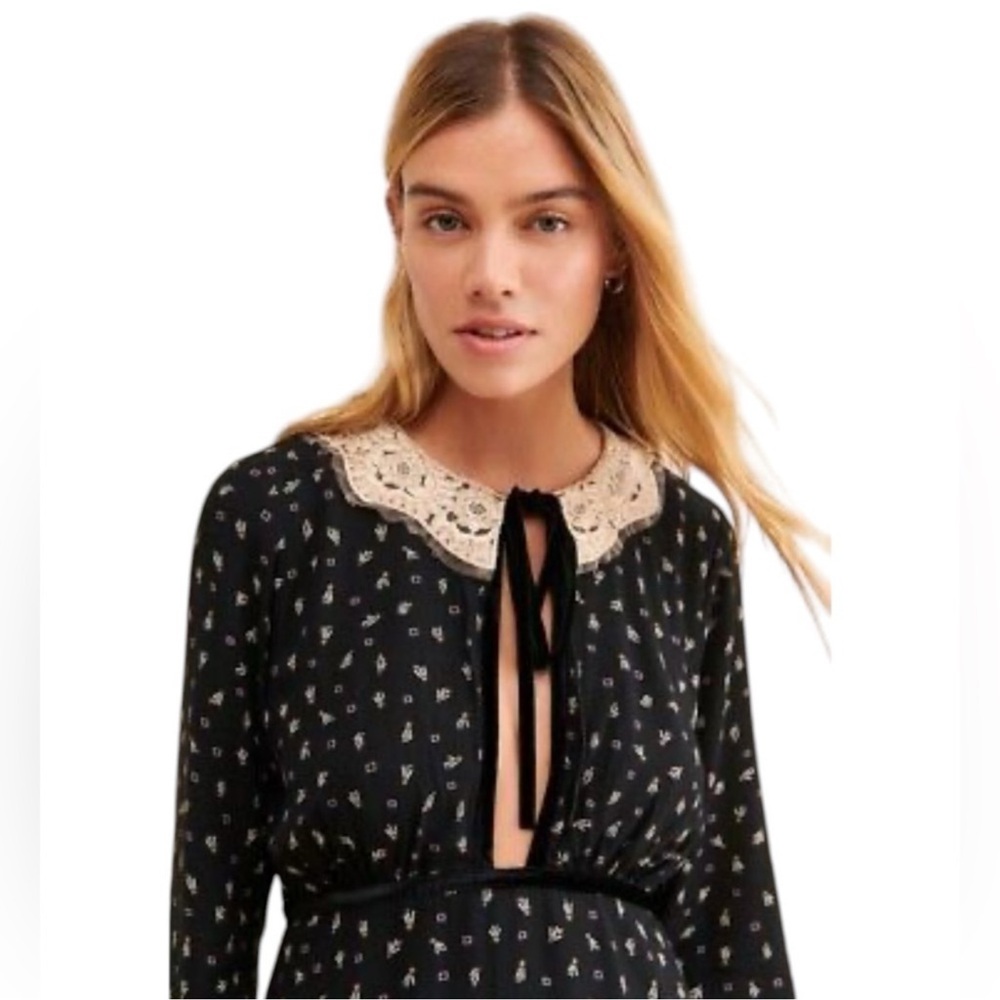 FREE PEOPLE Sweet Delfina Black Lace Collar Mini Dress, Velvet Trim, Size L. - Picture 4 of 13